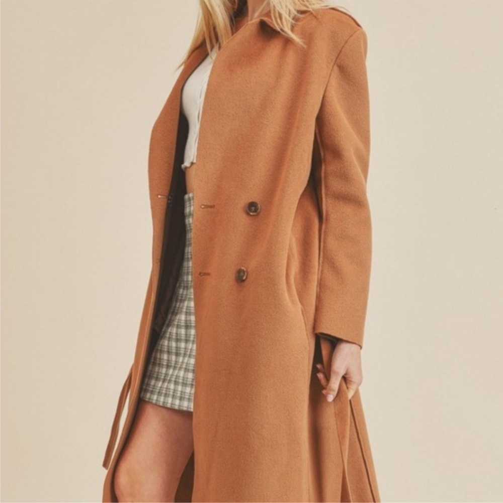 Paper Crane‎ Double-Breasted Fleece Brown Belted Collared Long Coat Size Small